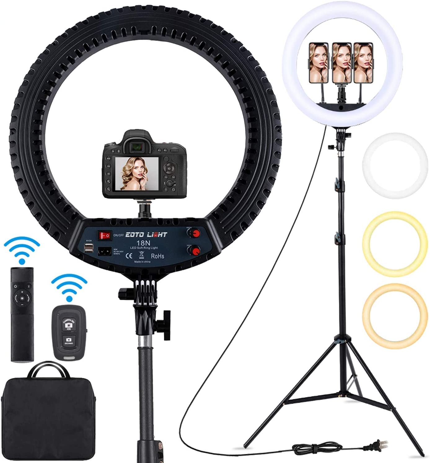Eoto Light 18 Inch Led Ring Light With Tripod Stand Dimmable Makeup Selfie Ring Light For Studio Portrait Youtube Vlog Video Shooting With Carrying Bag And Remote Controller, Cri 90