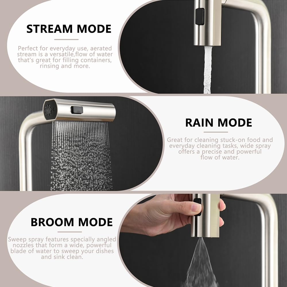 Vsunhoo Brushed Nickel Kitchen Faucets, Kitchen Faucet With Sprayer, Single Handle Pull Out Kitchen Sink Faucet With 3 Modes Sprayer, Commercial Farmhouse Rv Bar Utility Kitchen Faucets Kf034L