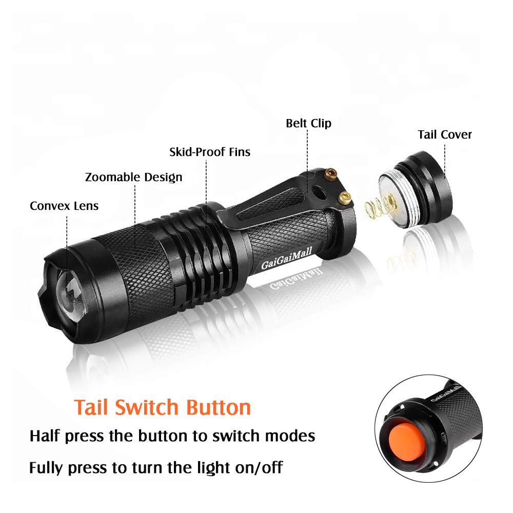 Gaigaimall 4 Colors Flashlights Including Red Green Blue Black Light Flashlight, 3 Mode Zoomable Led Hunting Torch, 4 Pack