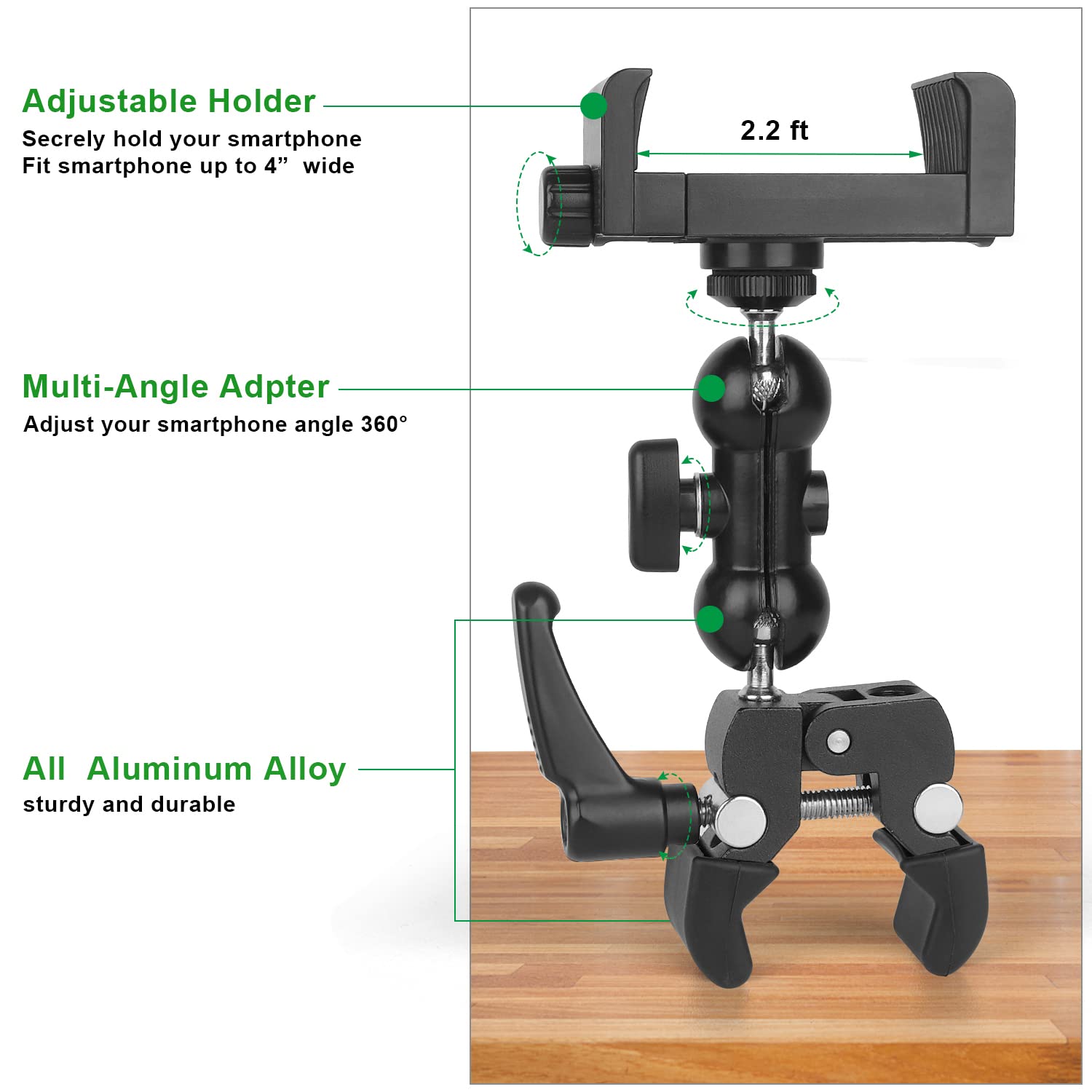 Itodos Cell Phone Holder Mount Clip For Golf Cart,Wheelchair Walker,Stroller,Spin Bike, Table, Clamp Fits Iphone,Galaxy, Nexus,Most Phones And Gps Up To 4" Wide,Aluminum Alloy Material