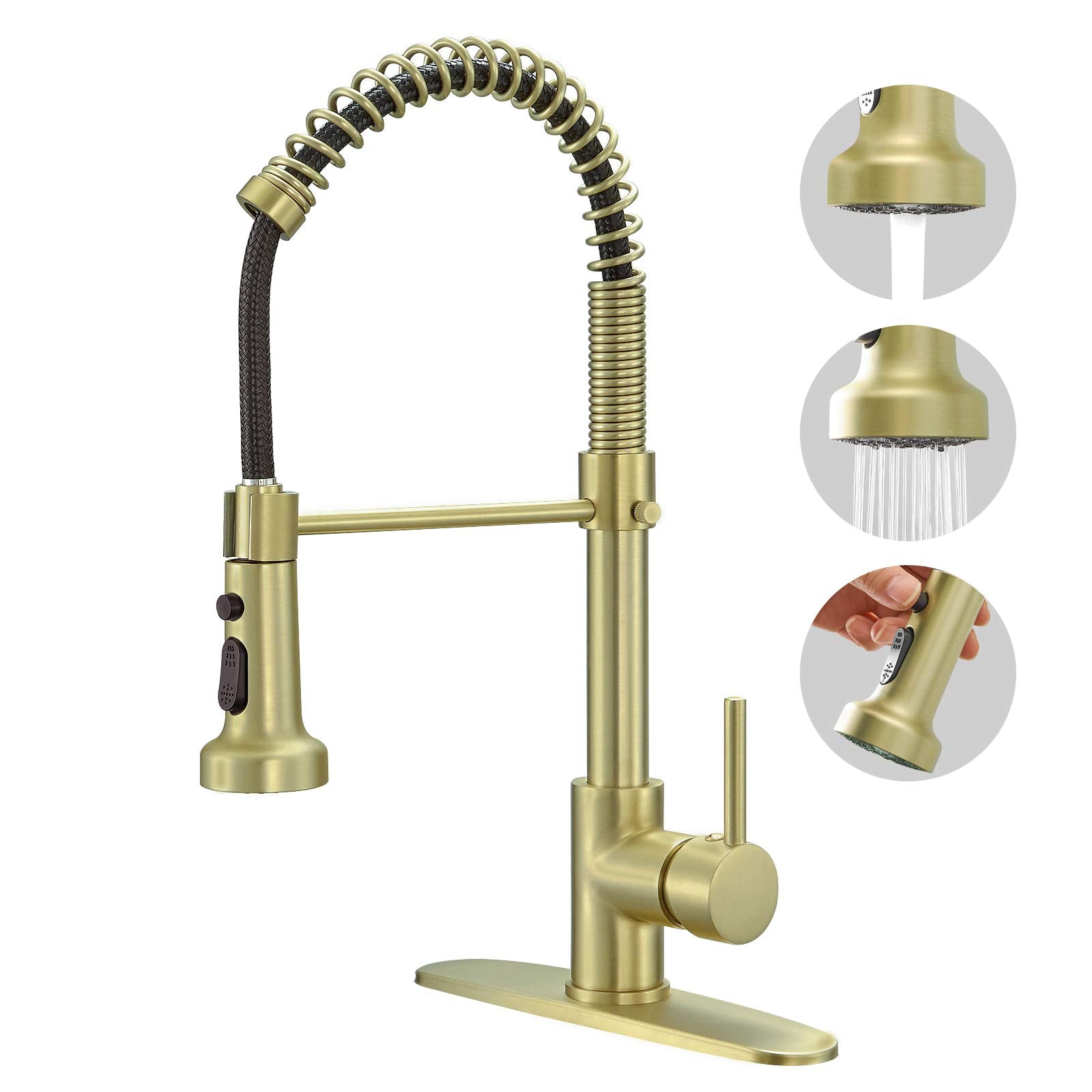 Besy Brushed Brass Kitchen Faucet With Pull Out Sprayer, High-Arc Single Handle Single Lever Spring Rv Kitchen Sink Faucet With Pull Down Sprayer, 3 Function Laundry Faucet, Brushed Gold