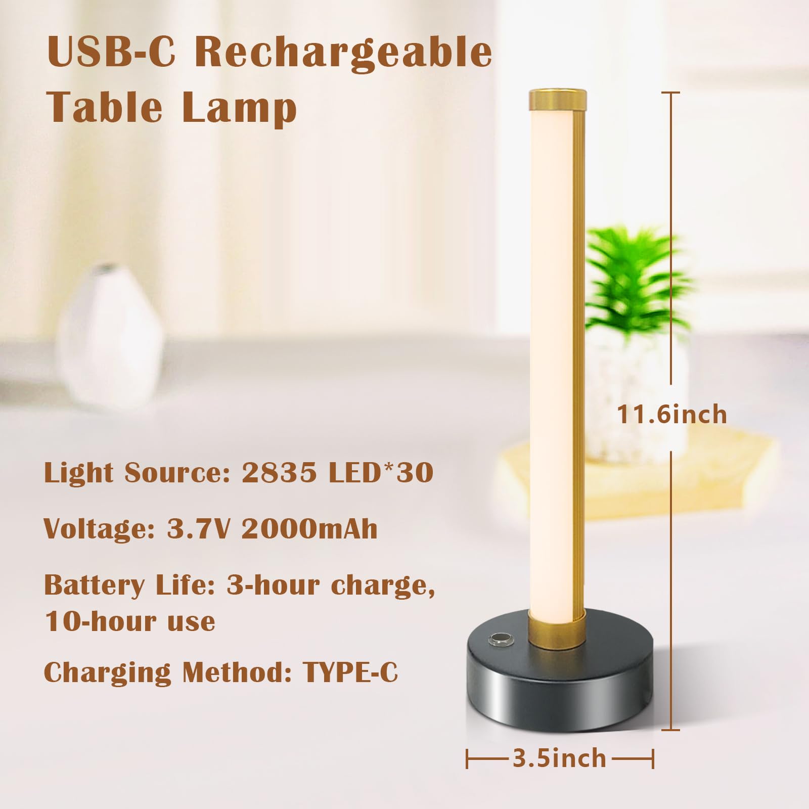 Doublacy Skinny Lamp Led Cordless Rechargeable Table Lamp, Dimming 3 Color Temperatures, Battery Operated Desk Minimalist Lamp For Bedroom, Nightstand, Living Room, Reading (Gold)