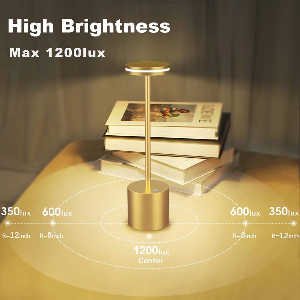 Bravzurg Cordless Table Lamp, Portable 5000Mah Outdoor Battery Powered Table Lamps, Metal, Dimmable, Wireless Rechargeable Led Desk Light Bulbs For Indoor/Outdoor/Home/Restaurant (Gold)