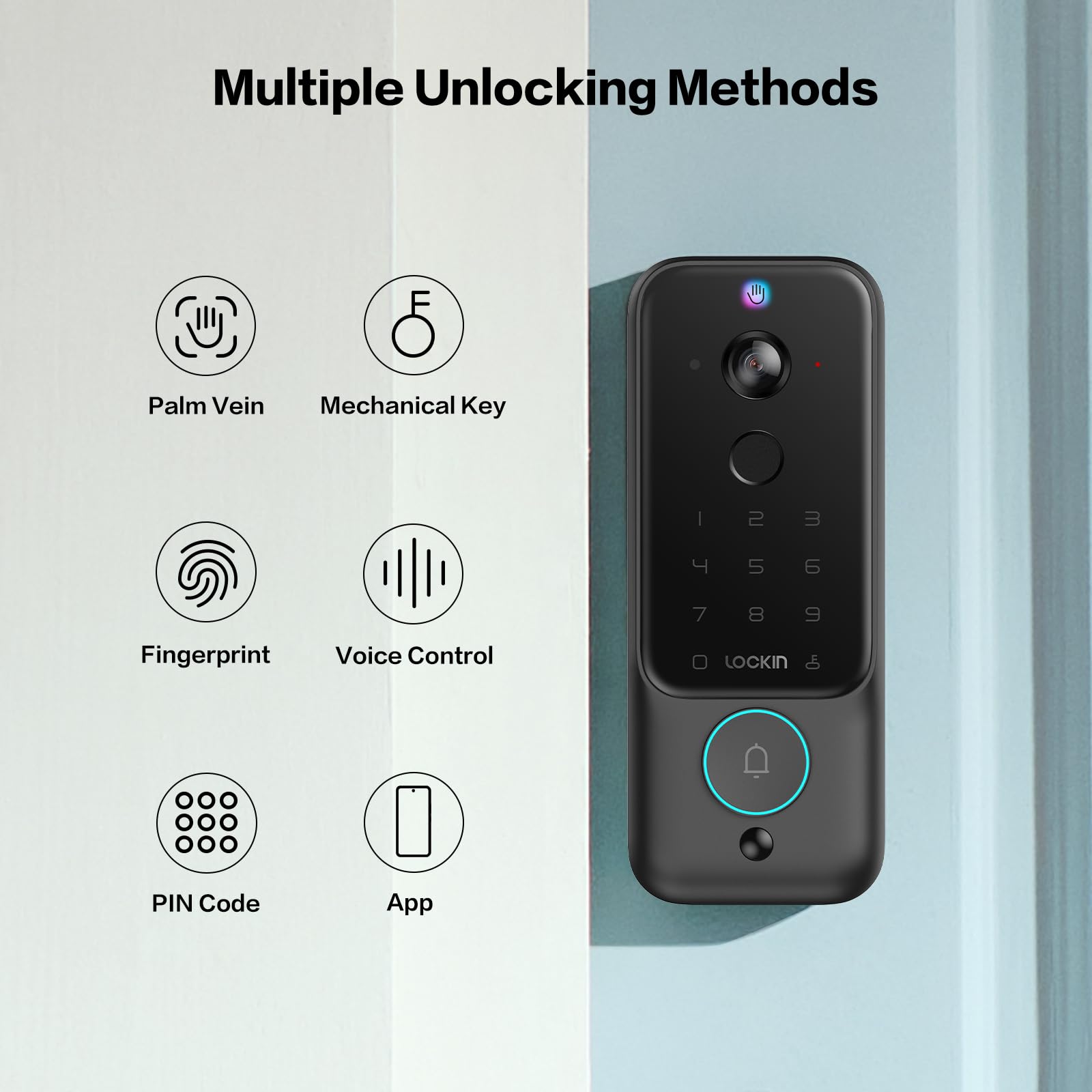 Lockin Veno Plus Palm Vein Video Smart Lock With 2K 180° Camera, Fingerprint Recognition, Keyless Entry, Built-In Wi-Fi, 8Gb Storage, Suitable For Front Door, No Monthly Fee (Plus)