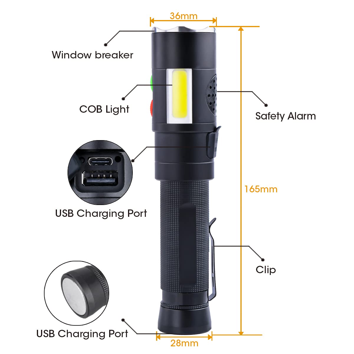 Mccc Self Defense Rechargeable Flashlight With 128Db Personal Alarms For Emergency Or Safety,800 High Lumens,Cob Work Light,Magnetic For Outdoors,Camping...