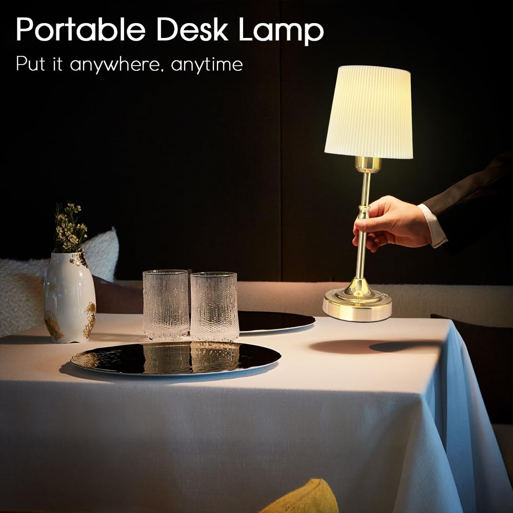 Leroxo Cordless Led Metal Table Lamp, Portable Fabric Shade Desk Lamp, 3-Level Brightness, Touch Sensor Control, Rechargeable Bedside/Nursery/Dining Room Lamp (Gold)