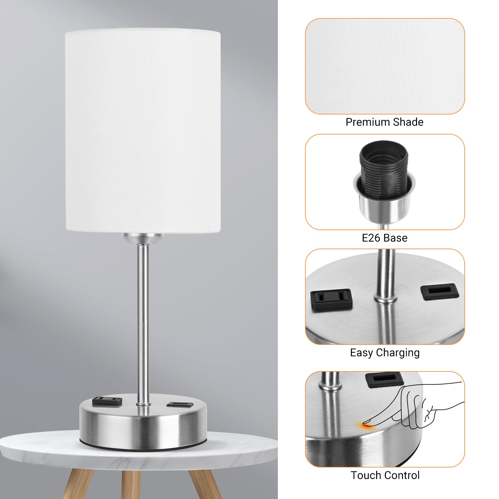 Partphoner Touch Table Lamps For Bedroom Set Of 2, Bedside Nightstand Lamps With Usb Port And Power Outlet, 3 Way Dimmable White Lamp For Living Room Nursery Room, Warm White Bulbs Included