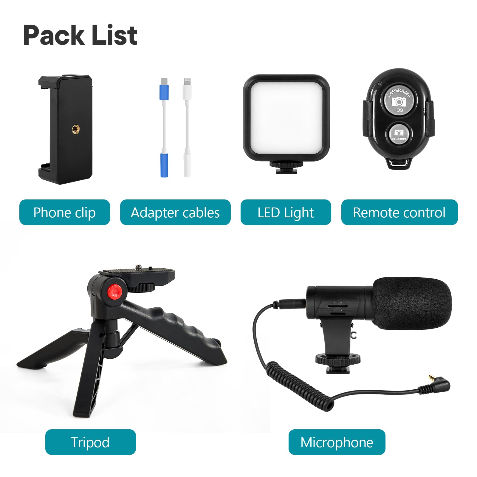 Kalofaye Vlogging Kit For Iphone, Android (With Tripod), With Mini Led Video Light + Cardioid Microphone + Phone Clip + Tripod For Video Calling, Vlogging, Youtube, Instagram, Tiktok