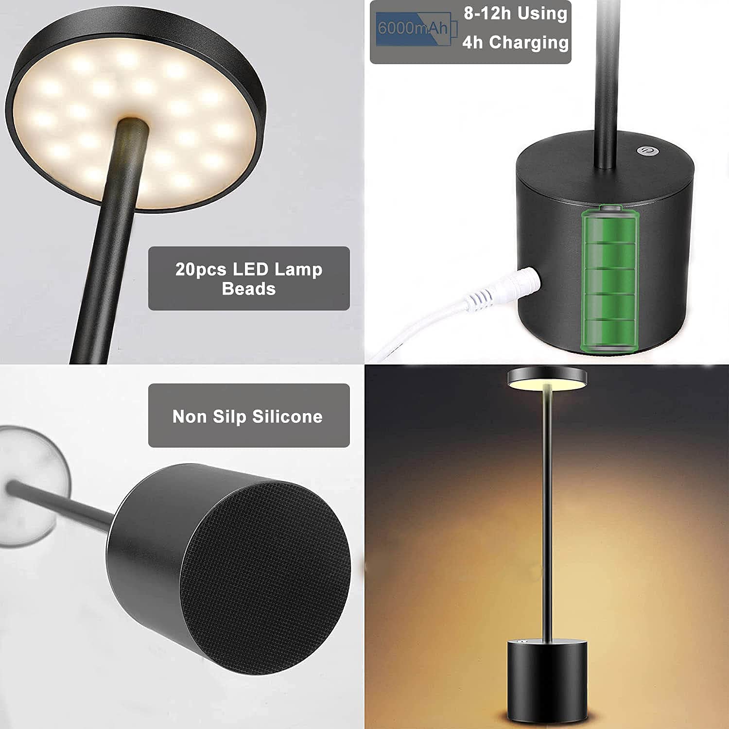 Shangcai Led Cordless Table Lamp, Rechargeable 6000Mah Battery Desk Lamp 3 Levels Brightness Night Light Modern Hotel Restaurant Dining Lights Black