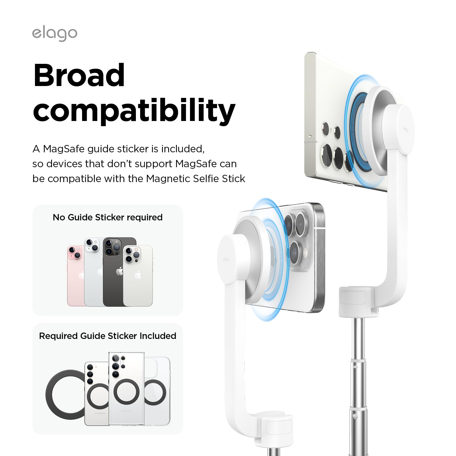Elago Magnetic Selfie Stick Tripod Compatible With Magsafe For Iphone And Galaxy, Strong Magnetism, Portable, Lightweight, Extendable [Pouch, Bluetooth Remote, Guide Sticker Included] [White]
