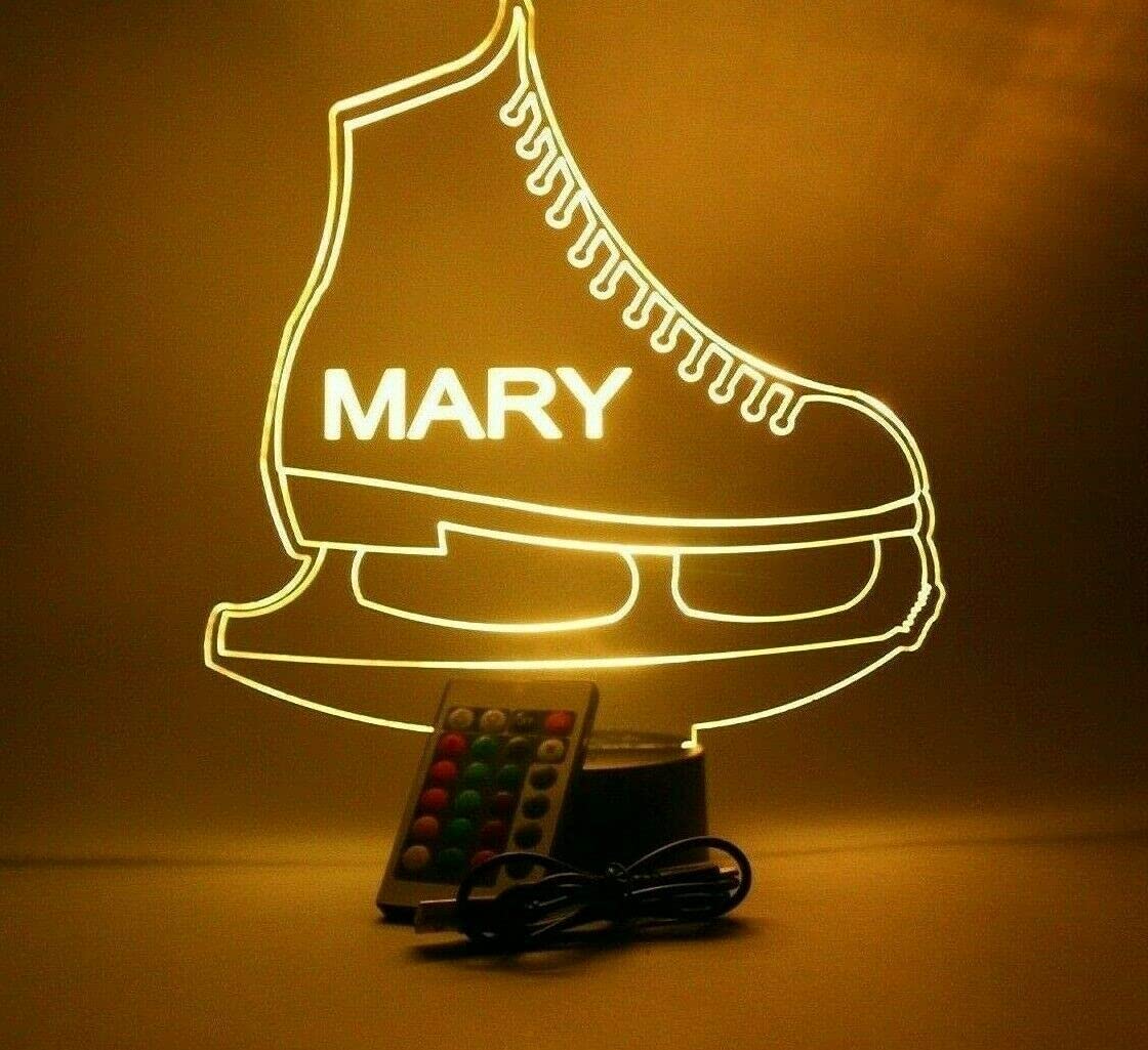 Mirror Mania Ice Skate Light Up Lamp Led Personalized With Name Night Light Engraved Figure Skating Skate Table Lamp, Our Custom Sports Feature With Remote, 16 Color Options, Dimmer, Engraved, Great