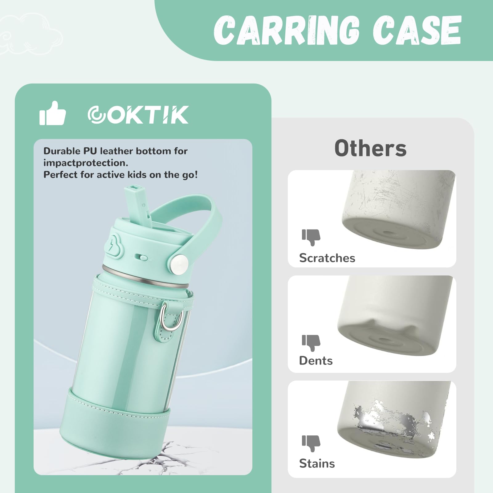 Coktik Kids Water Bottle With Straw, 14Oz Insulated Stainless Steel Tumbler, Leak-Proof Locking