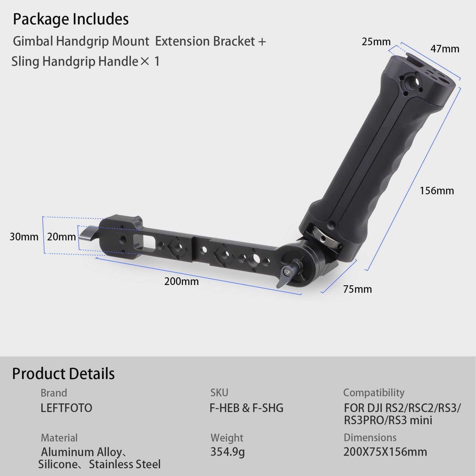 Leftfoto Gimbal Adjustable Silicone Sling Handgrip+Stabilizer Handle Extension Bracket Kit,For Dji Rs2/ Rs3 Pro/ Rs3 Mini/Zhiyun Weebill-S Gimbal Stabilizer,With Nato Clamp