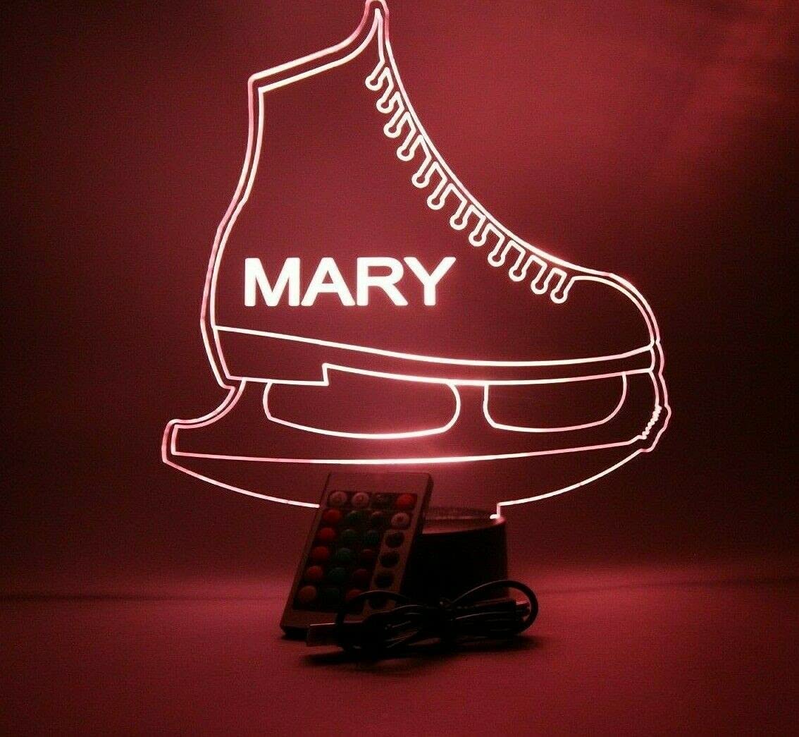 Mirror Mania Ice Skate Light Up Lamp Led Personalized With Name Night Light Engraved Figure Skating Skate Table Lamp, Our Custom Sports Feature With Remote, 16 Color Options, Dimmer, Engraved, Great