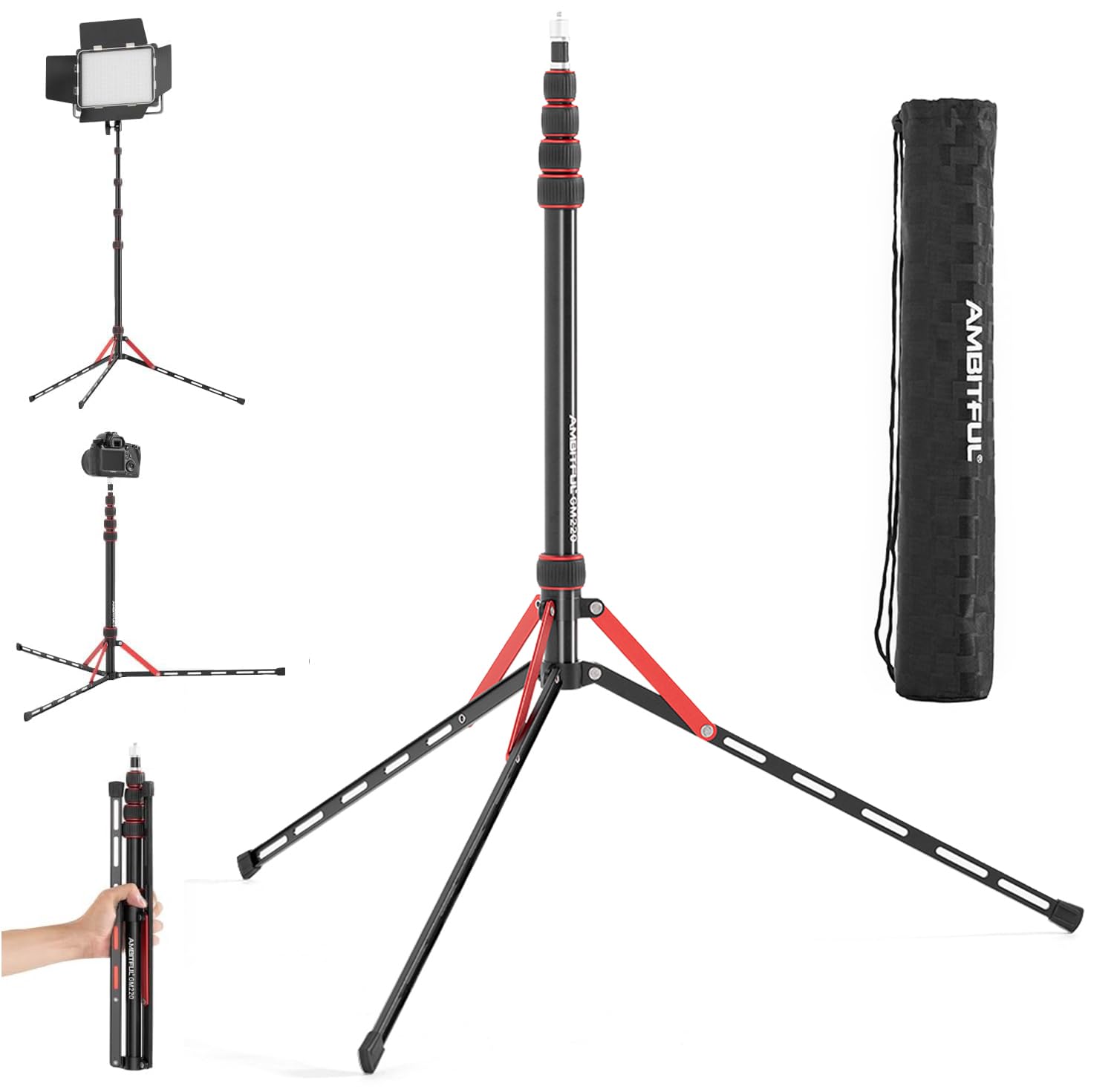 Ambitful Light Stand 220 Cm - Aluminium Lamp Tripod Portable Tripod Lighting Tripod Load 2.5 Kg Photo Light Stand For Outdoor Photography Ring Light Flash Light ，Weight 600G With Carry Bag