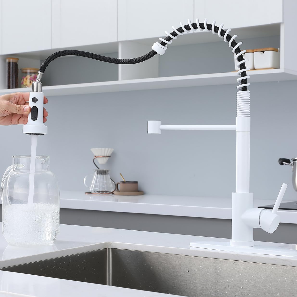 Gulica White Kitchen Faucet, Commerical Kitchen Faucet With Pull Out Sprayer And Deck Plate, Pre-Rinse, 360 Swivel High Arc Spring