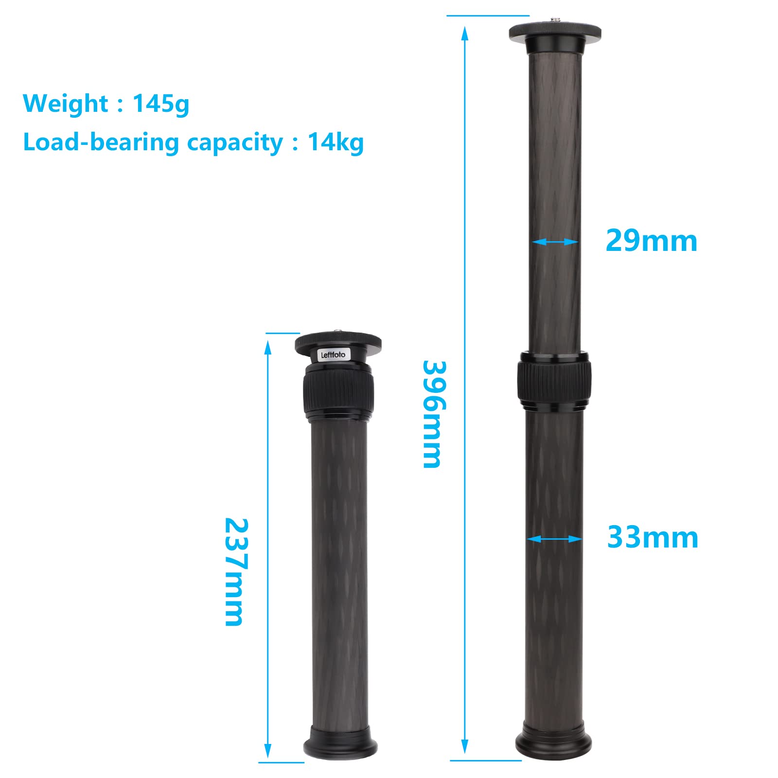 Leftfoto Carbon Fiber Tripod Extender, Two-Section Tripod Extension Pole, Gimbal Stabilizer Photography Telescopic Extension Rod, 1/4''-20 And 3/8''-16 Connector, Black