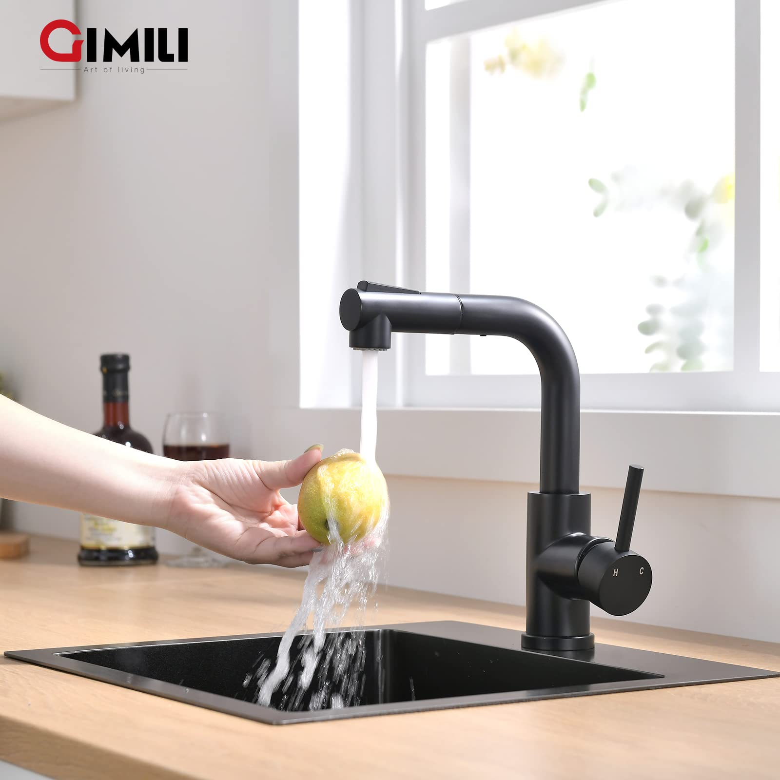 Gimili Modern Bar Sink Faucet For Kitchen Sink Single Handle With Pull Out Sprayer Hot And Cold Prep Sink Faucet Matte Black