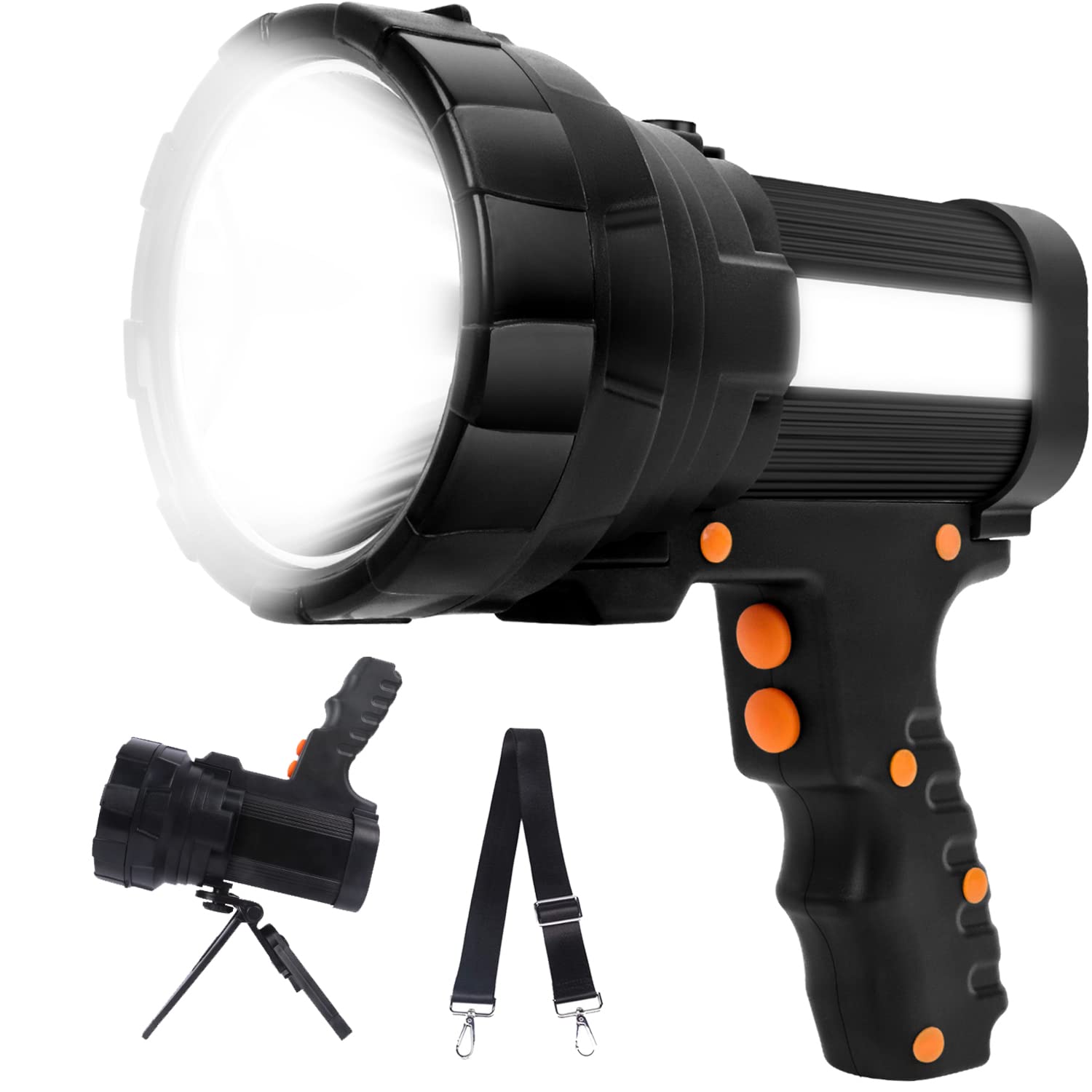 Cybbo Powerful Spotlight - Super Bright 6000 Lumen Rechargeable Flashlight With 3 Light Modes, Long Battery Life, Waterproof, Durable Abs & Aluminum Alloy Construction, Adjustable Tripod & Strap