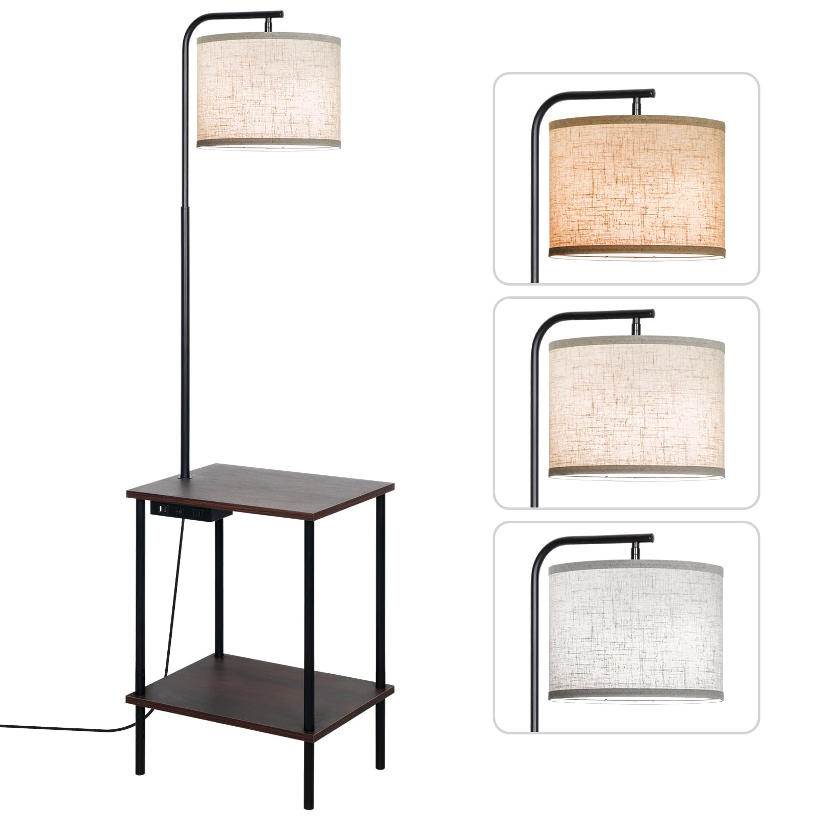 Eoeyyoyb Floor Lamp With Table, End Table Lamp With Usb Charging Port Power Outlet And Shelves, Side Table Reading Light With 3 Color Temperature Led Bulb Included, Floor Lamps For Living Room, Walnut