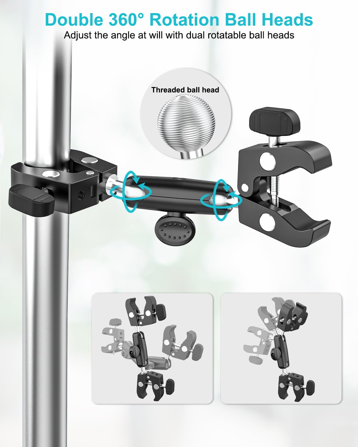 Dosvsi Double Super Clamp Camera Mount, [With 1/4" Screw Holes] Metal Adjustable Dual-Heads Clip With Magic Arm, Heavy Duty Pole Clamp Holder For Photography/Light Stand/Tripod/Studio/Selfie Stick