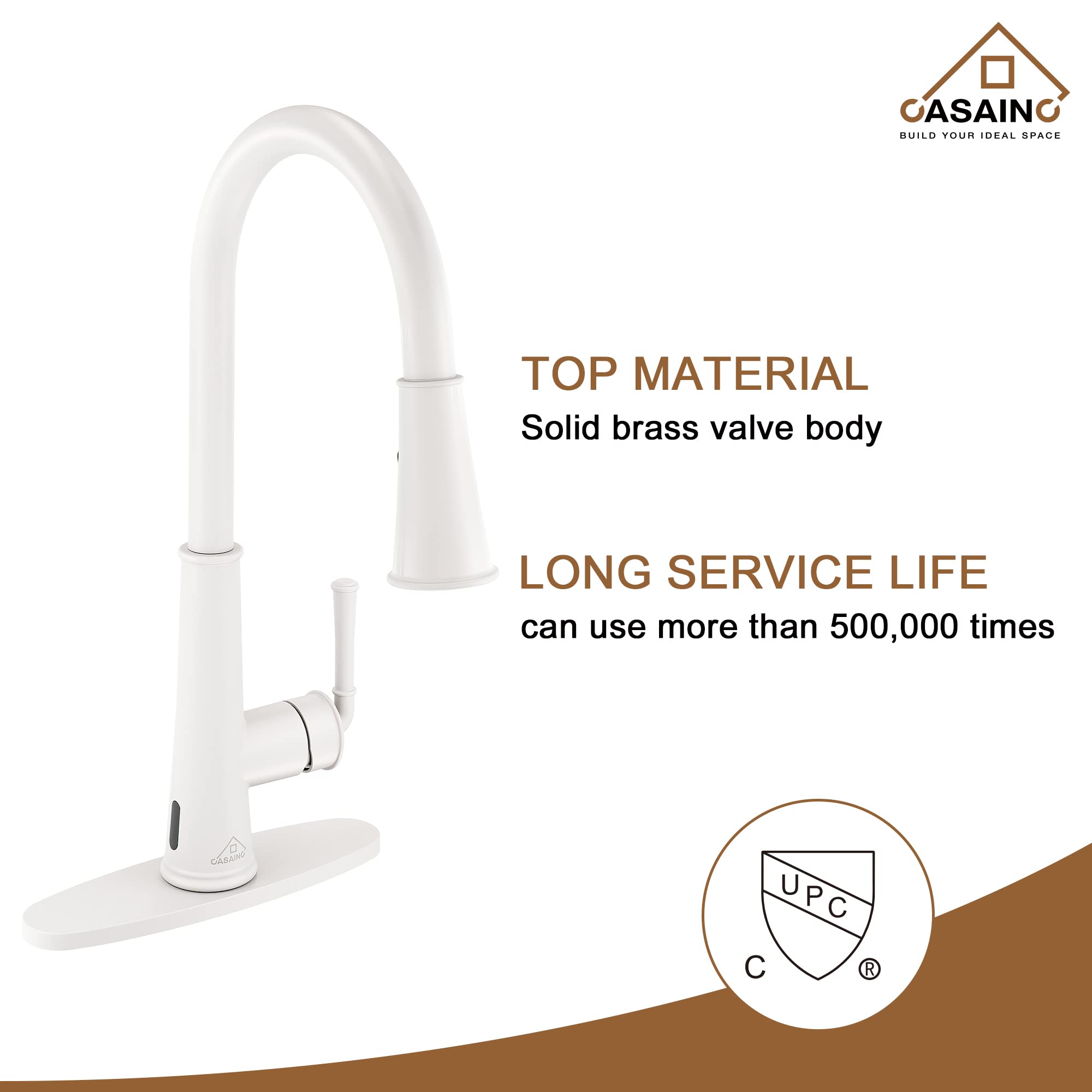Casainc Touchless Kitchen Faucet With Pull Down Sprayer And Led Light Motion Sensor Kitchen Sink Faucet With Soap Dispenser Single-Handle Matte White Faucet For Kitchen Laundry Rv And Bar