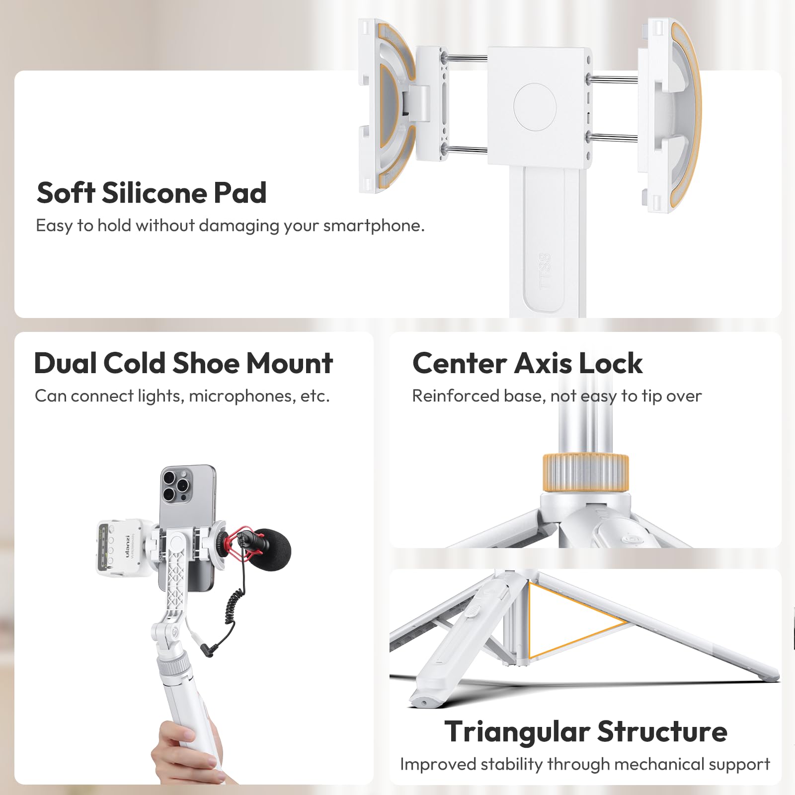 Ulanzi Tt88 Magnetic Tripod For Iphone, 57" Extendable Selfie Stick With Remote, 2-In-1 Phone Clip & Dual Cold Shoe Mounts-Lightweight Phone Tripod Stand For Vlogging, Travel, Video Recording (White)