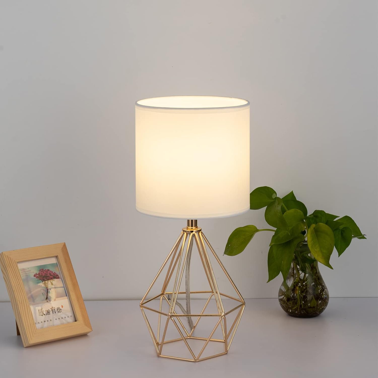 Cotulin Gold Modern Hollow Out Base Bedroom Small Table Lamp,Bedside Nightstand Lamp With Geometric Metal Base White Fabric Shade,Cute Desk Lamp For Kids Living Room