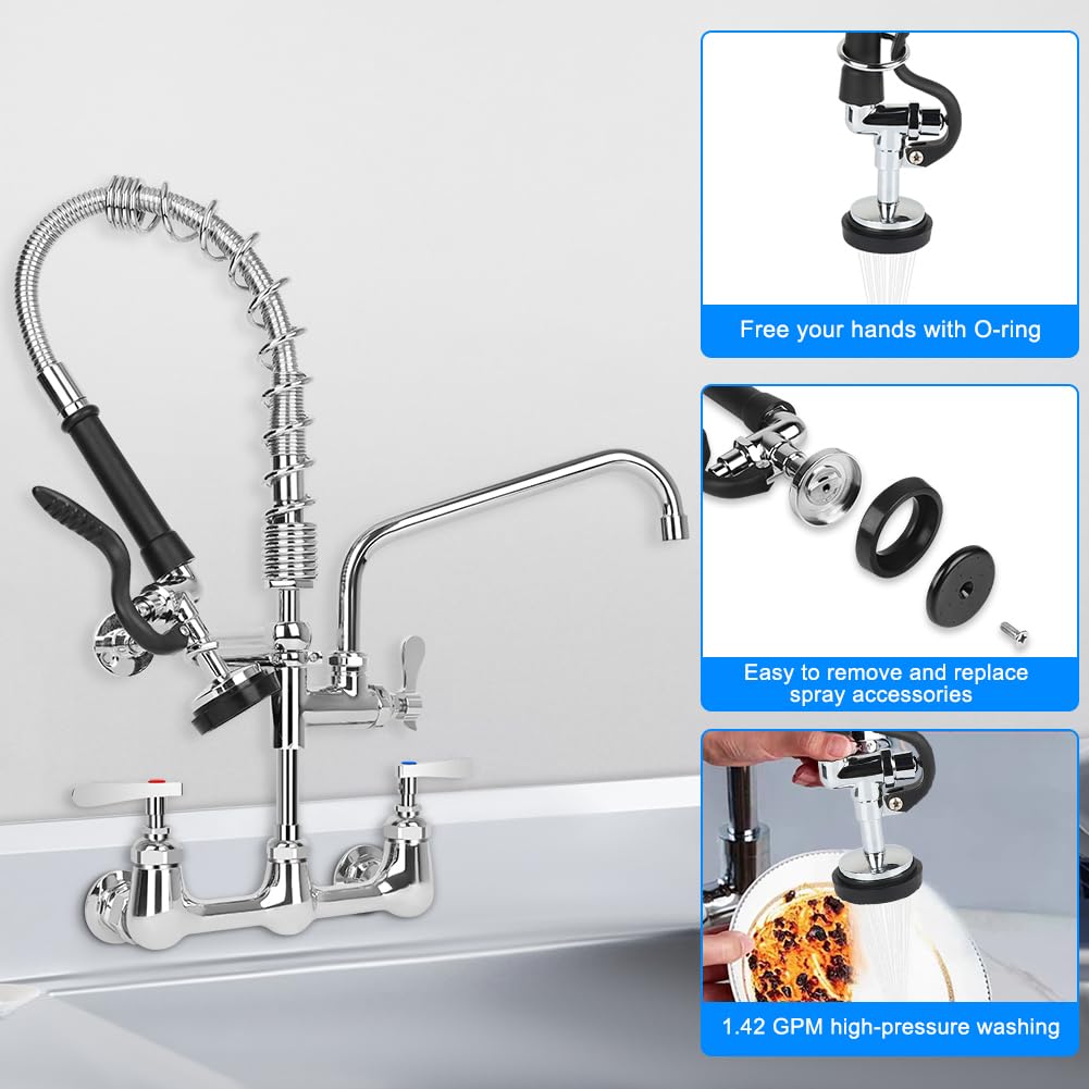 Tnroted 8 Inch Center Commercial Faucet With Sprayer 20" Height Wall Mount Commercial Kitchen Faucet With 8” Swing Spout For 1/2 Compartment Sink/Home Kitchen/Restaurant Sink