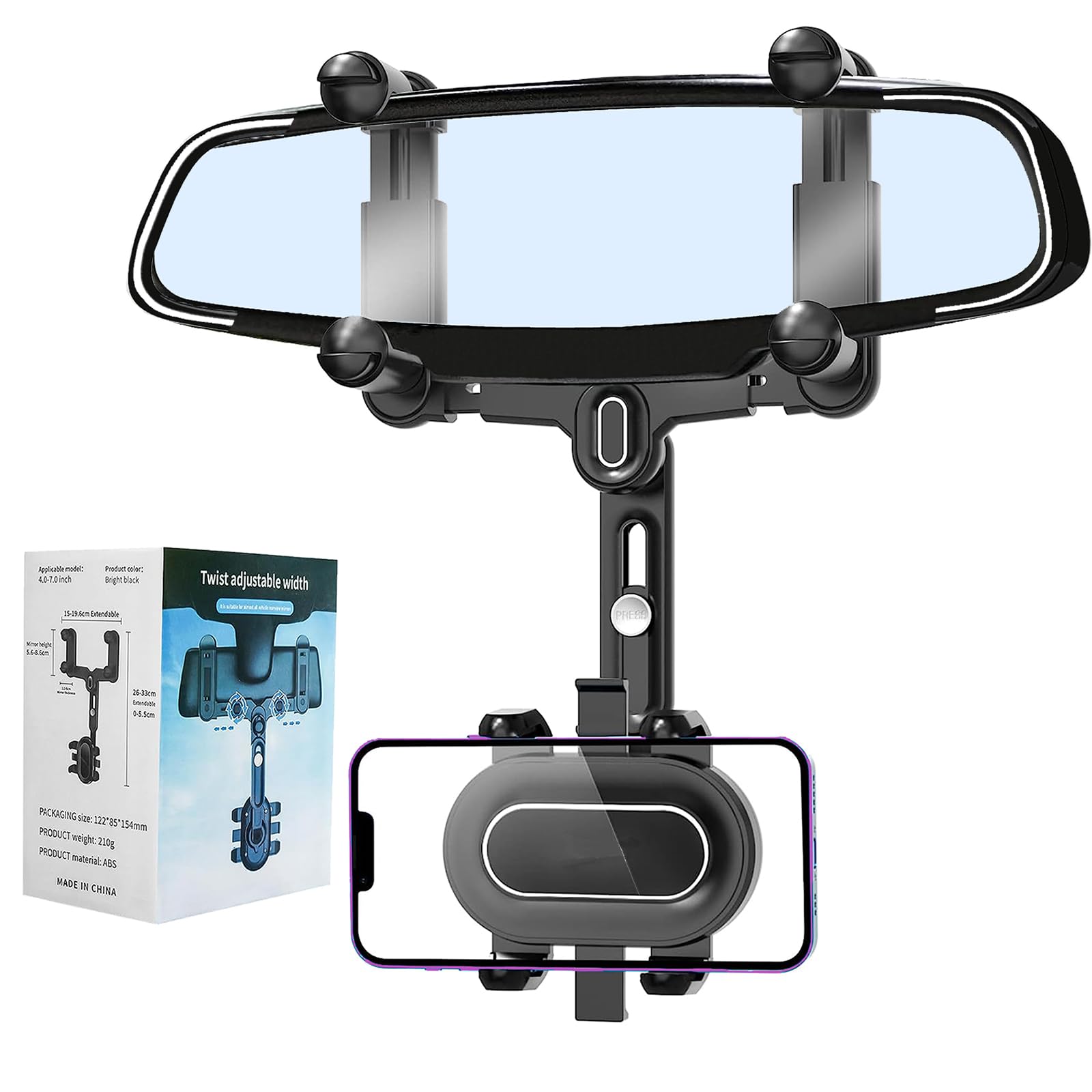 Powdapte Rear View Mirror Phone Holder, 360°Rotatable And Retractable Rearview Mirror Phone Holder For Car,  Four Corners Anti-Shake Multifunctional Design For All Iphone & Car Rearview Mirror
