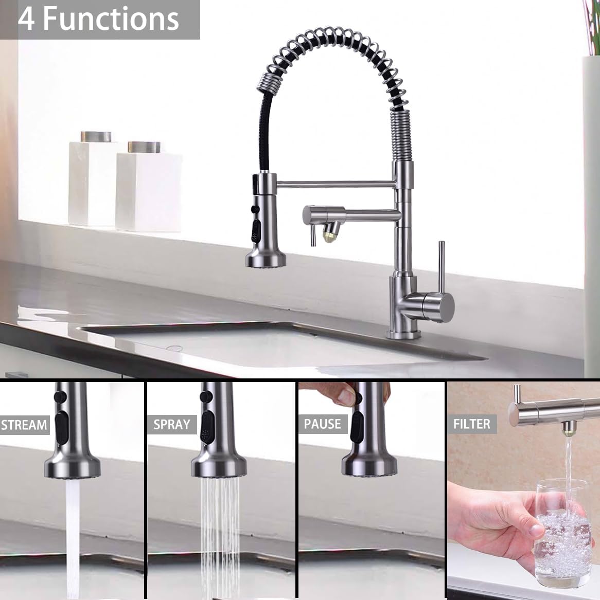 Pirooso Kitchen Faucets With Water Filter Faucet Buil-In,3 Way Drinking Water Faucet For Kitchen Sink, Brushed Nickel