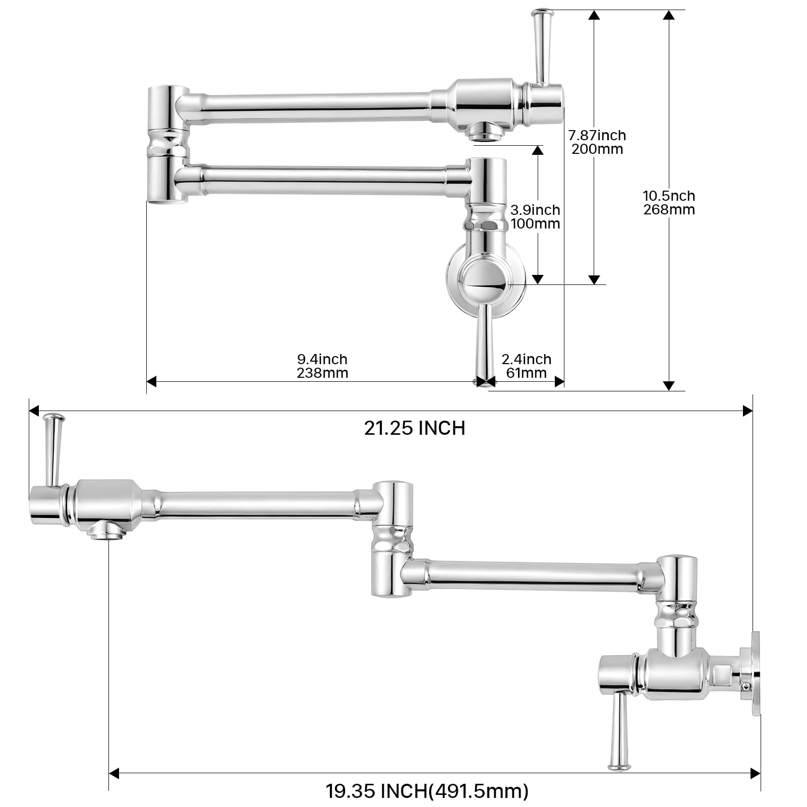 Cwm Pot Filler Faucet,Polished Stainless Steel Pot Filler,Swing Arm Folding Stretchable Wall Mount Commercial Kitchen Sink Faucet With Single Hole Two Handles,Over Stove Design For Space-Saving