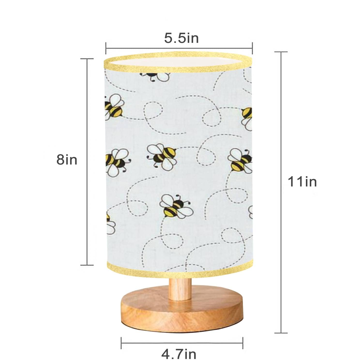 Ugdbfuy Dimmable Bedside Lamp Seamless With Flying Bees On A Dotted Route Cartoon Black And Yellow Desk Lamps Wooden Base Linen Lampshade Table For Bedroom Living Room Study Office 5.511Inches