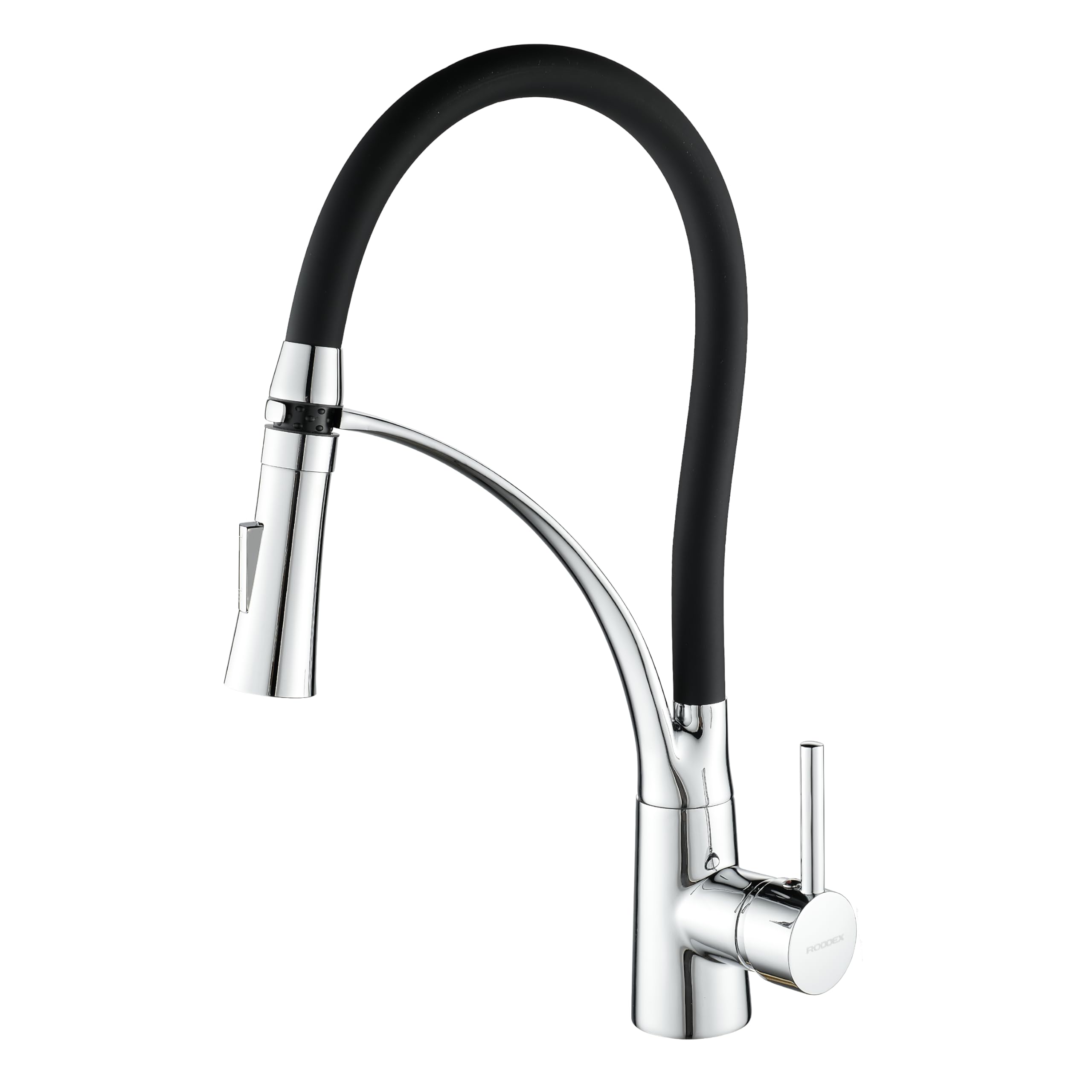 Roddex Pullout Kitchen Faucet Flexible Silicone Sprayer Single Handle Pull Down Brass Gooseneck Kitchen Sink Faucet Modern High Arc Faucet, Polished Chrome W/Black Rubber Pull Out Spout Hose