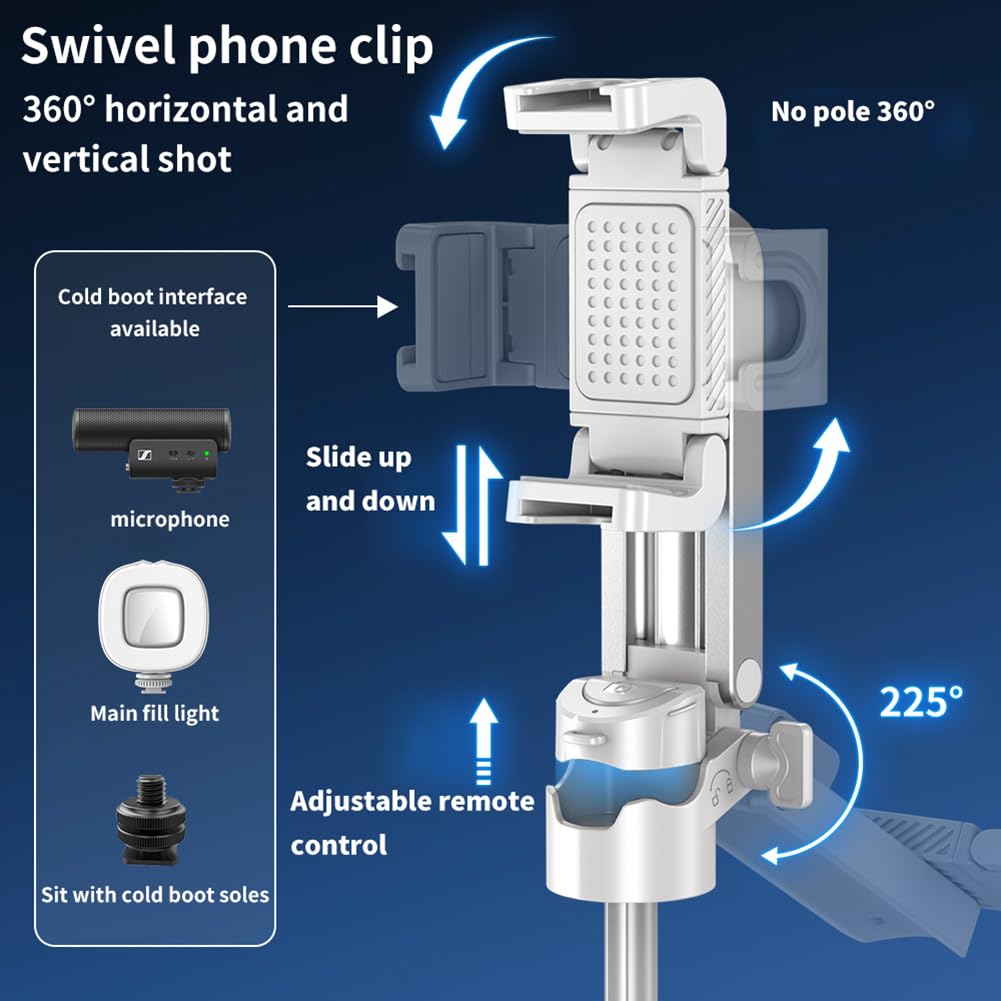 Crideng Selfie Stick Tripod, Pocket Mini Travel Tripod 360° Adjustable, With Remote Capture Photos, Extendable Cell Phone Stand, Phone Tripod Detachable, 3-In-1 Mini Phone Grip(White)