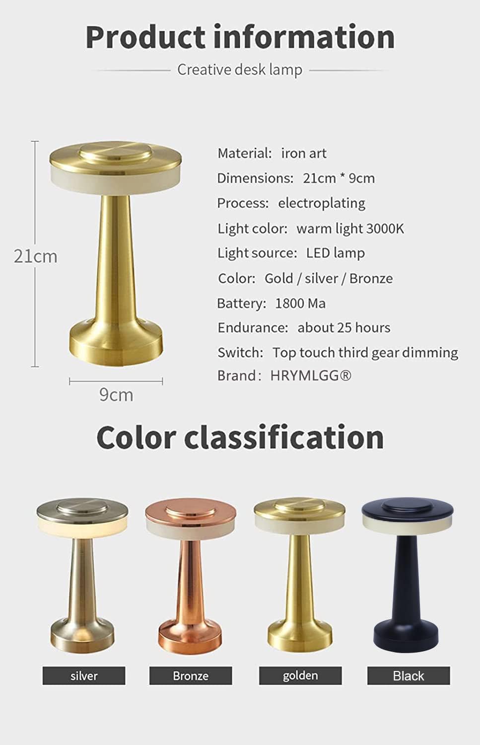 Hrymlgg Touch Portable Cordless Desk Lamp, 3 Speed Touch Dimming, Built-In Usb Battery Port, Bedroom Bedside Light, Bar Mood Light, Dining Table