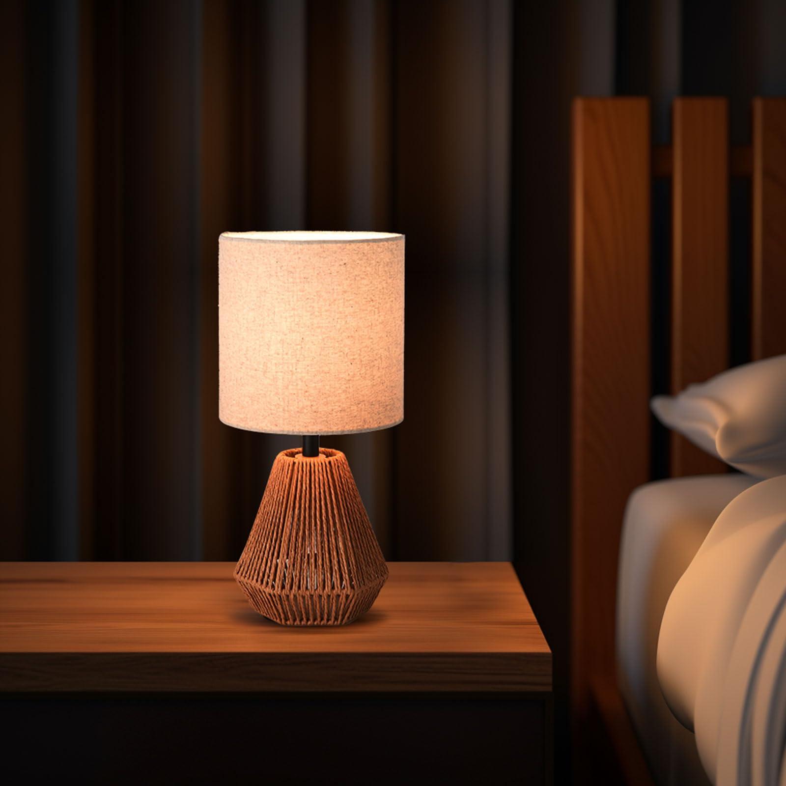 Kunjoulam Rattan Table Lamp, Small Nightstand Lamp With Linen Fabric Lampshade, Desk Lamp For Living Room Home Office