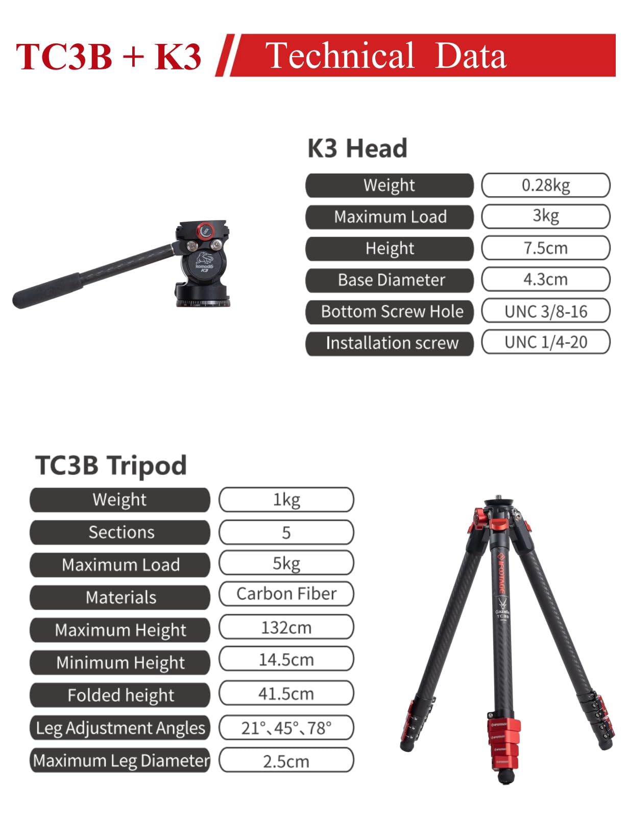 Ifootage Tc3B Tripod With Head K3, Professional Travel Tripod Kit For Camera, Carbon Fiber Video Tripod With Head For Canon Nikon Sony Dslr/Cameras, Ultra-Portable And Stable