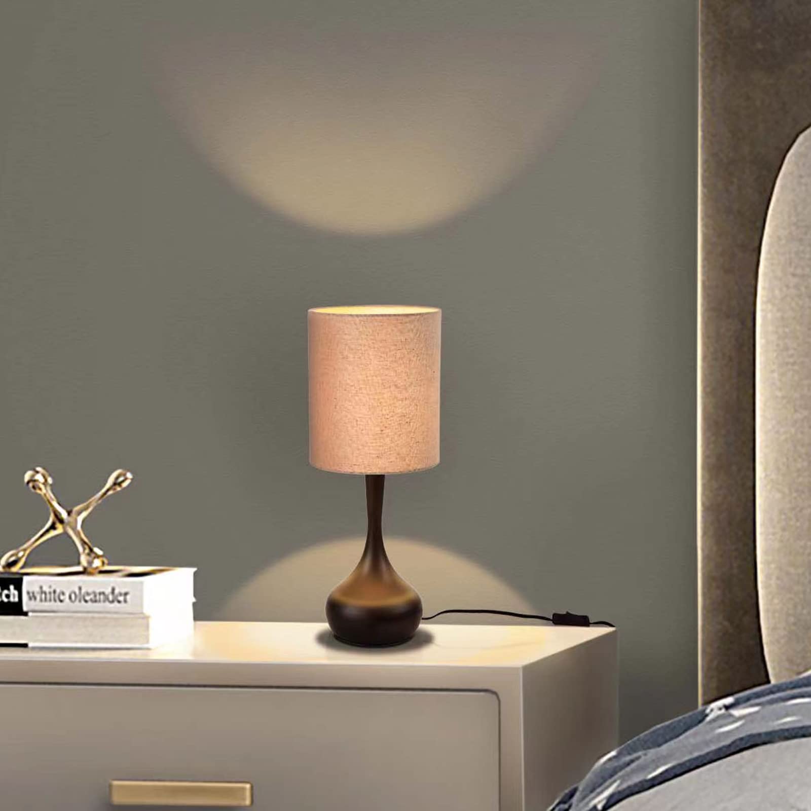 Kunjoulam Modern Table Lamp Brown Base, 17.3" Small Desk Light With Metal Droplet, Cylinder Linen Drum Shade, Nightstand Lamp For Bedroom Living Room Nightstand Office