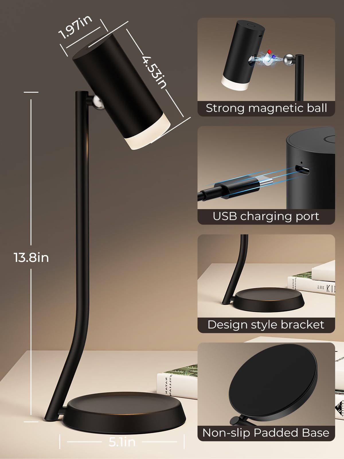 Pesuten Cordless Table Lamps, Battery Operated Portable Table Light With Magnetic Adjustable Angle Head, 5000Mah Rechargeable Lamp With Cct Dimming For Patio Party Restaurant Dining Home 1 Pack