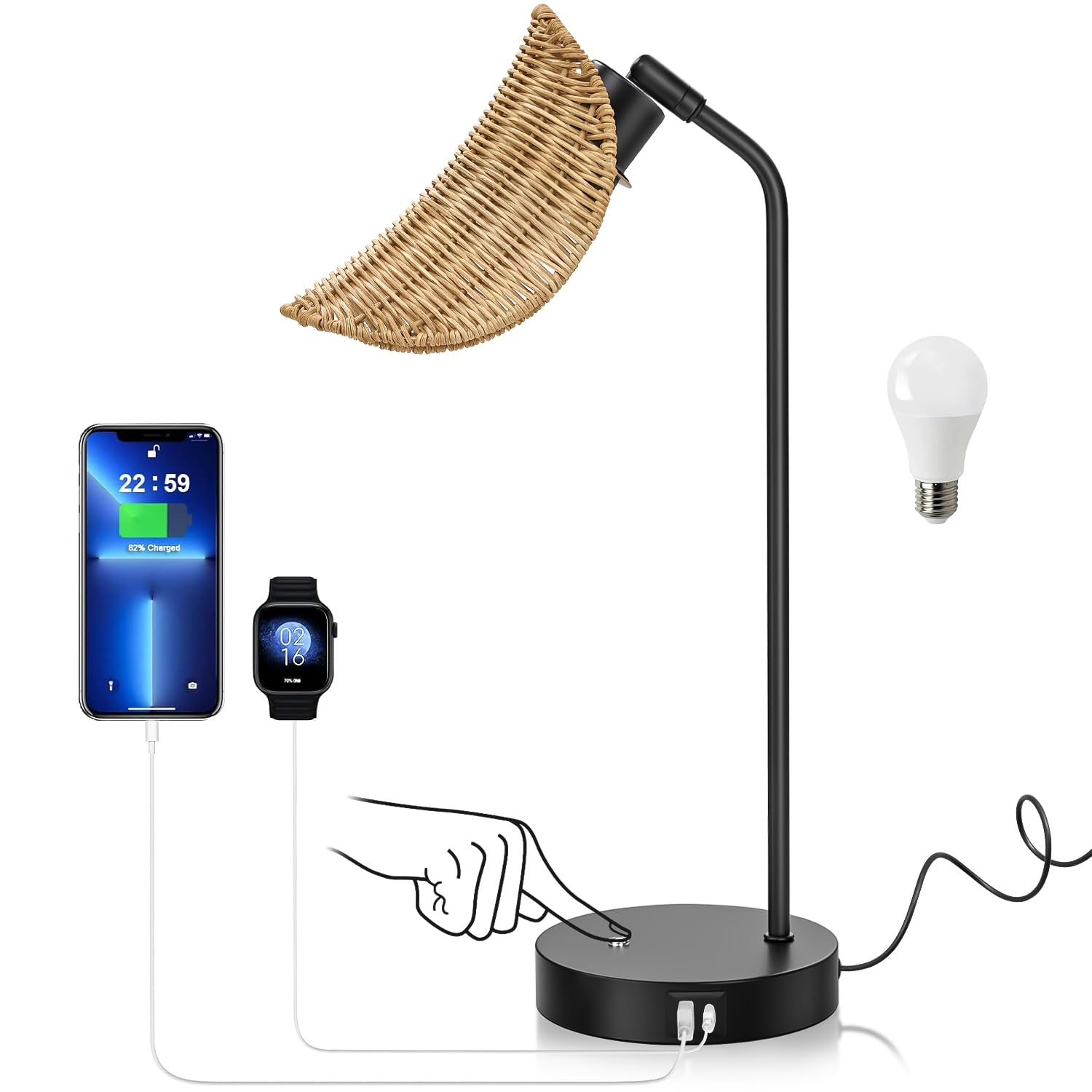 Maysnake Boho Table Lamp For Bedroom, Dimmable Touch Light, Vintage Metal Bedside Lamp Nightstand Reading Lamp With Rattan Shade For Farmhouse Living Room Home Office, Includes E26 Bulb & 2 Usb Ports
