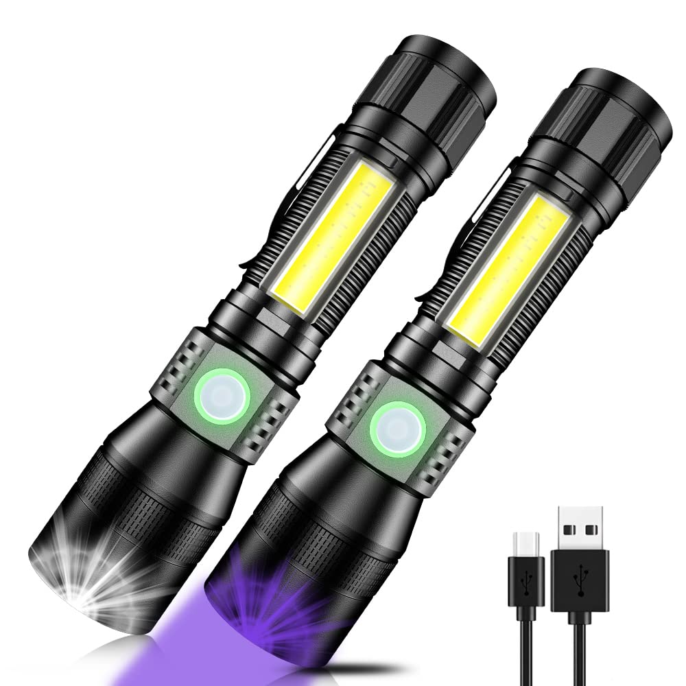 Spriak Uv Flashlight Black Light, 2-Pack Usb Rechargeable Blacklight Flashlight With Magnetic - 1000Lm, Side Work Light, 7 Modes, Zoomable, Waterproof – Led Torch For Mechanics Pet Urine Stains Detector