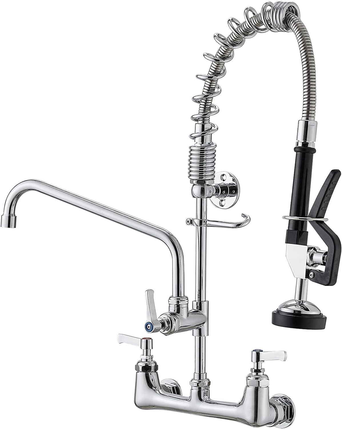 Bathfinesse Commercial Kitchen Faucet, Wall Mount Faucet, Commercial Faucet With Sprayer, 8'' Center 3 Compartment Sink Faucet With 12'' Swing Spout, Chrome