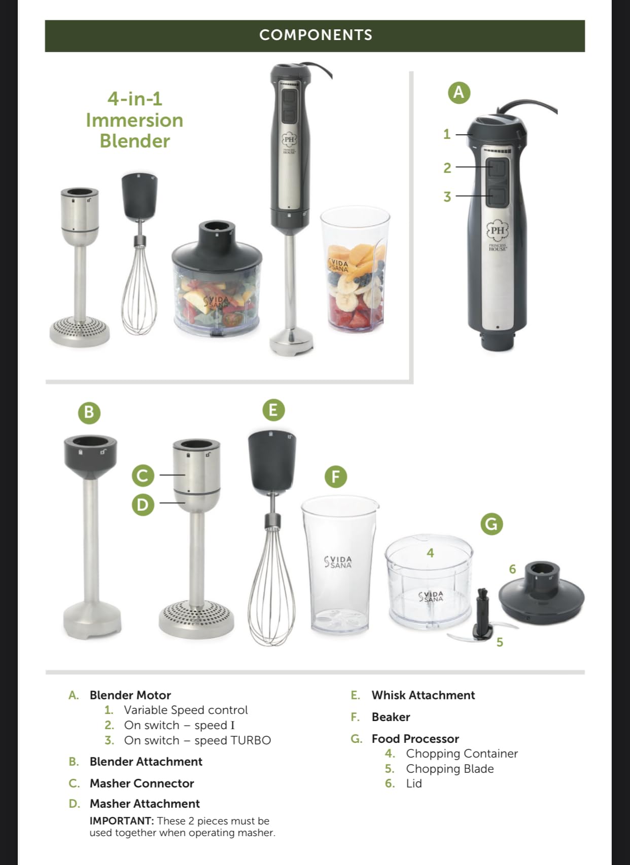 Uniqus Vida Sana 4-In-1 Immersion Hand Blender Set, Stainless Steel With Whisk, Food Processor And Mixing Cup
