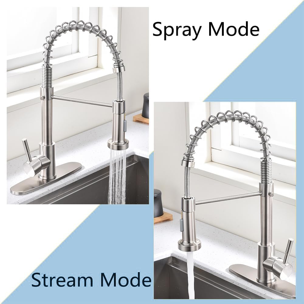 Bzoosiu Pull Down Sprayer Kitchen Faucet, Solid Brass Kitchen Sink Faucet With Deck Plate, Commercial Spring Single Handle Rv Kitchen Faucet, Brushed Nickel