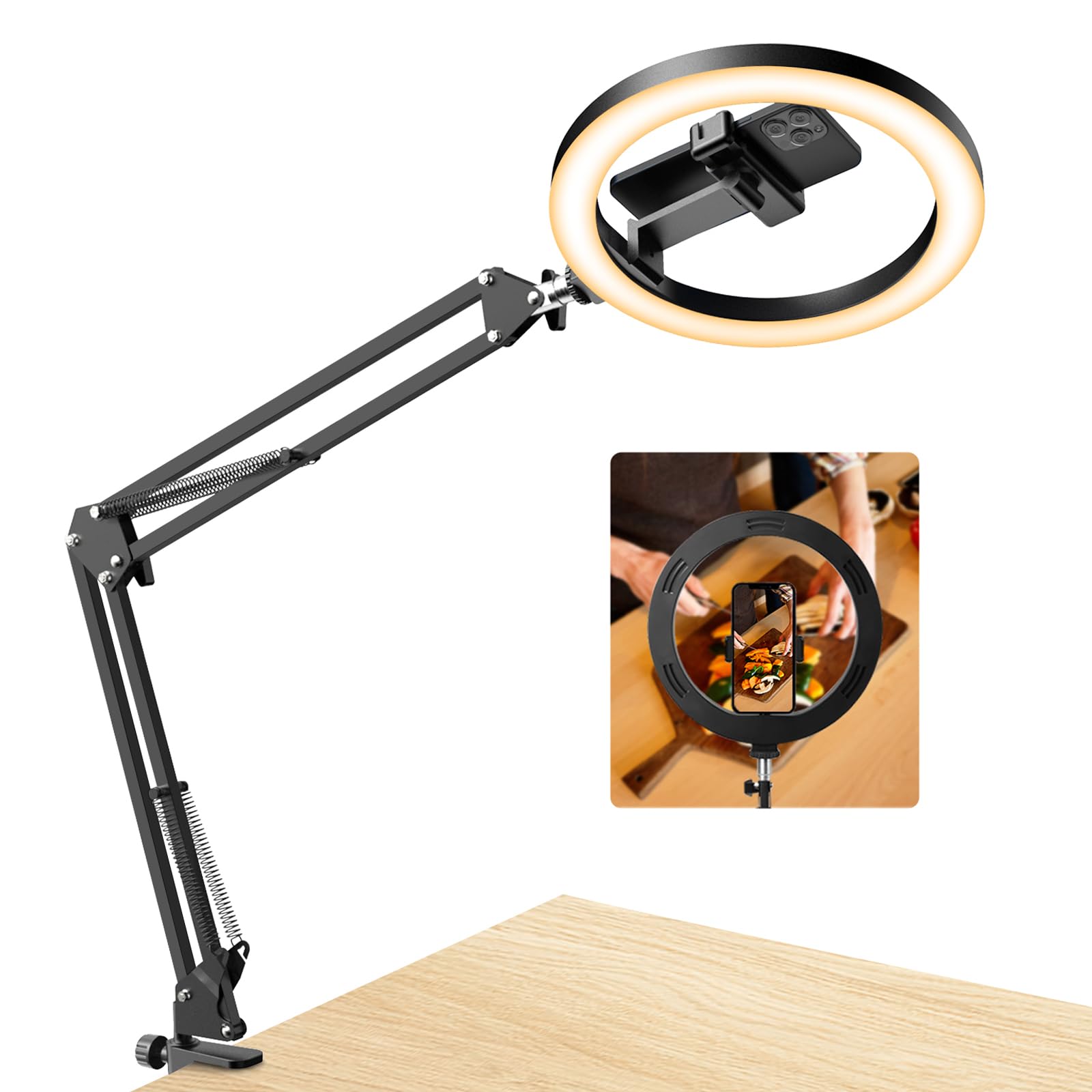Evershop Ring Light Overhead Camera Phone Mount For Desk, 10” Selfie Light With Stand Tripod For Iphone, Light With Phone Holder For Video Recording,Zoom Meeting,Live Streaming Tiktok,Youtube