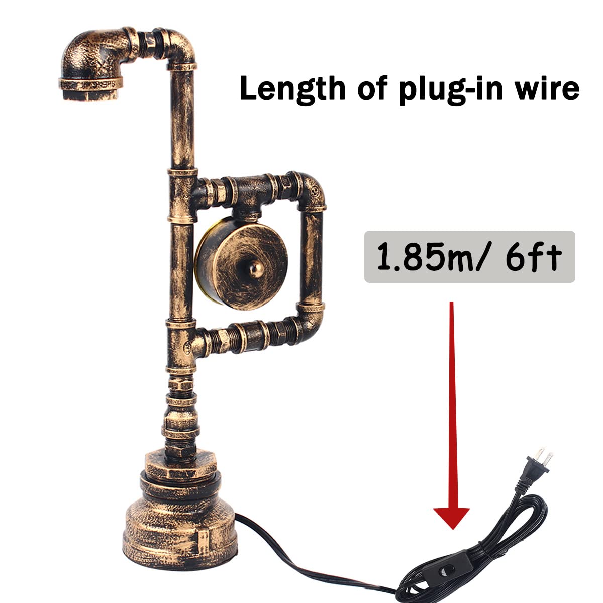 Tfcfl Retro Water Pipe Table Lamp For Bedroom, Vintage Steampunk Desk Lamp With Clock Plug-In Table Lamp Light Nightstand Lamp E26 60W Max For Living Room