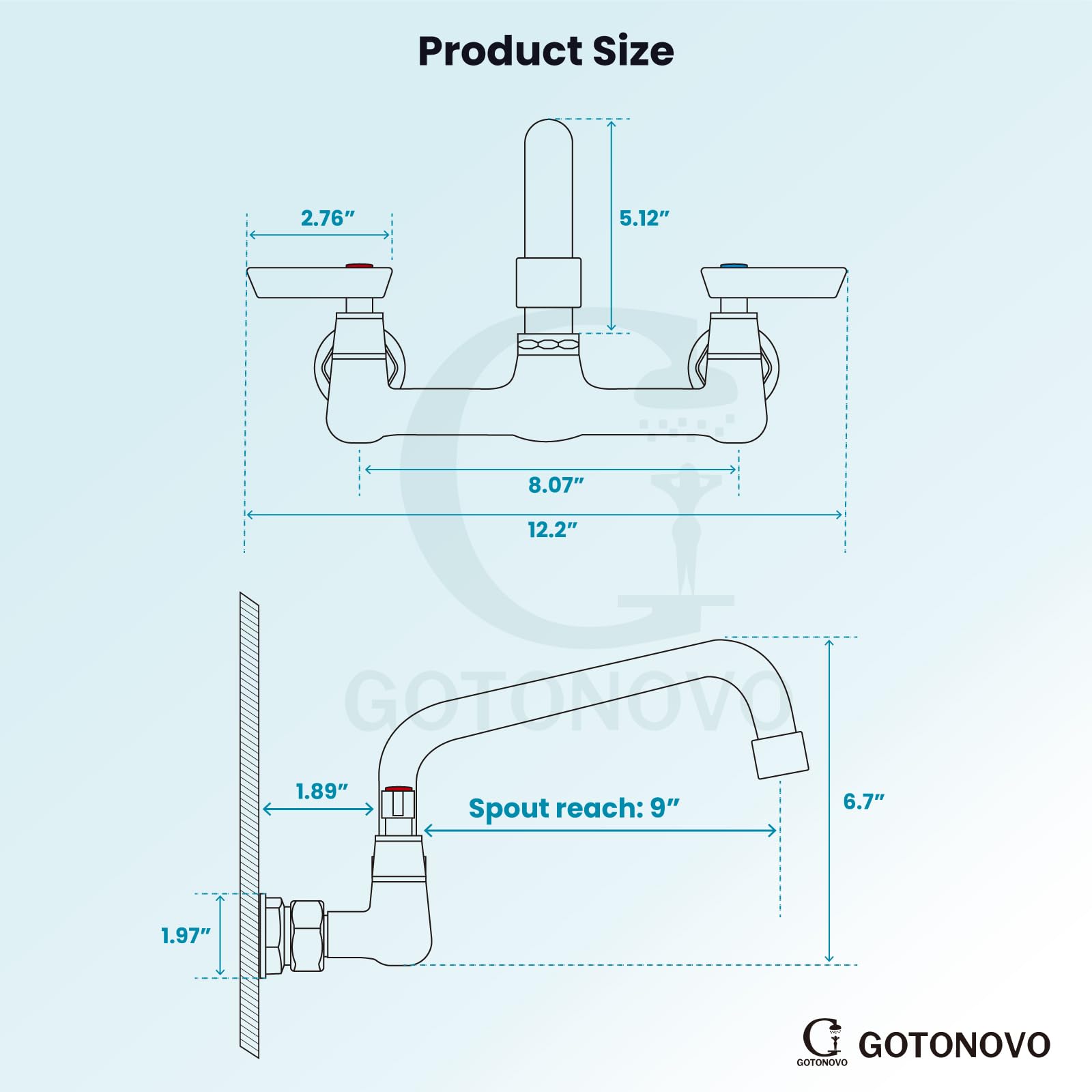 Gotonovo Wall Mounted Kitchen Sink Faucet 8 Inch Center Commercial Kitchen Faucet With 9" 360° Swivel Spout 2 Handles Restaurant Mixer Utility Tap Laundry Faucet Without Adapters, Polish Chrome