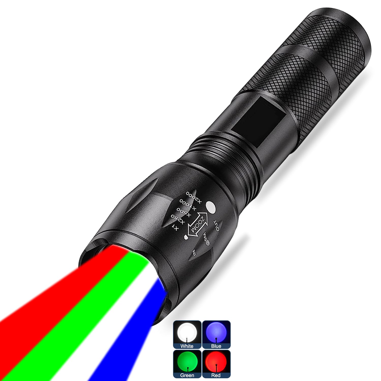 Mviocs Powerful Red Flashlight Rechargeable, Led Green Light Flashlight, Blue Light Flashlight, 4 Modes, Multi-Color 4 Color In 1 Led White Red Blue And Green Lights Flash Light, Zoomable Torch