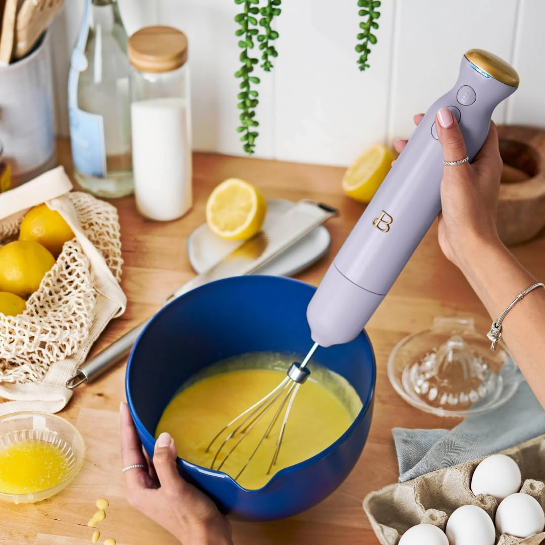 Uniqus Beautiful Cordless Immersion Blender, 2-Speed Handheld Mixer With Attachments, Stainless Steel Shaft, Rechargeable Battery (Lavender)